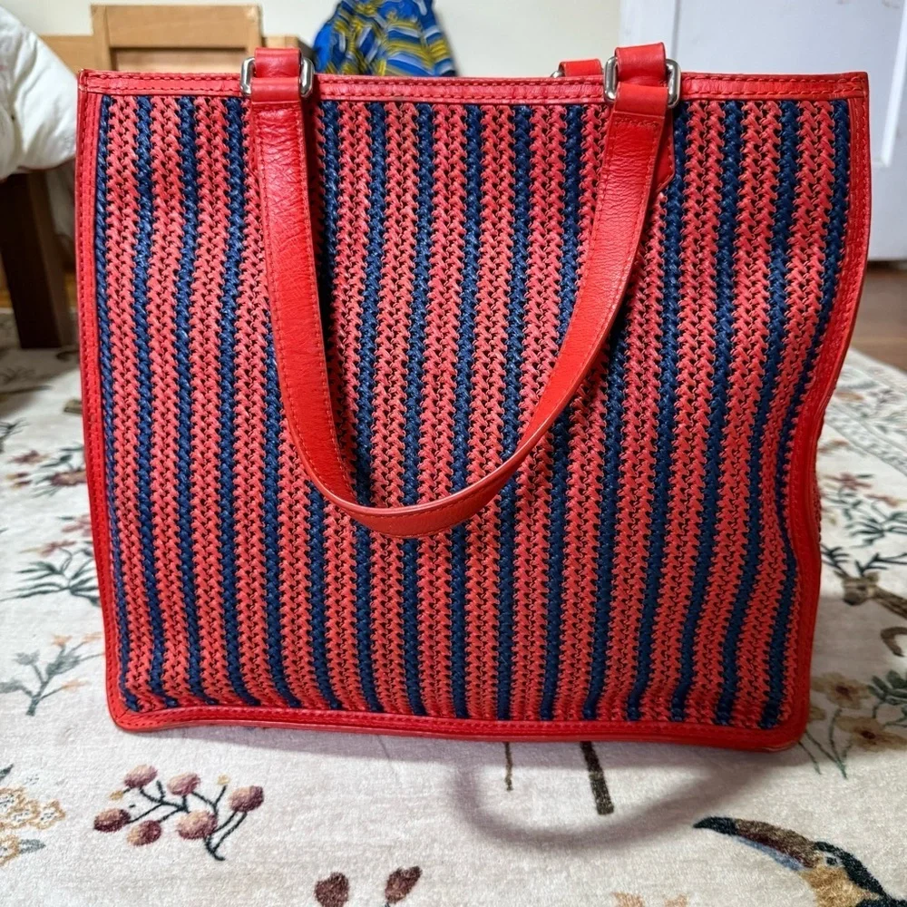 MARC JACOBS Large Tote SAMI Red Orange Navy Woven Weaved w/ Leather Trim Handle